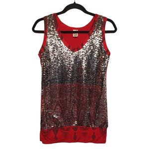 TOPAZ Silver Gray Sequin Semi Sheer Front Sleeveless Red Top Medium